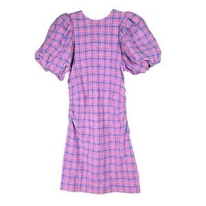 Ganni Check Suiting Mini Dress 36 US 4 S Wild Orchid Pink Blue Puff Sleeve Tweed